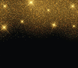 Golden glitter sparkle on a black background. Gold Vibrant background with twinkle lights.