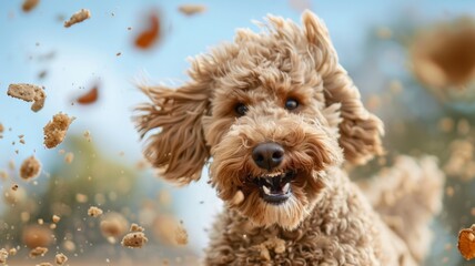 Labradoodle with happy face There was a lot of dry food floating in the air. pet food business.