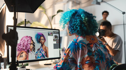 A woman with blue hair is sitting in front of a computer screen, editing in a studio setting.