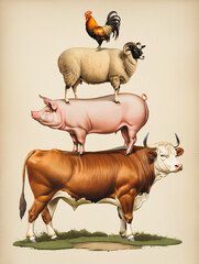 Stacked farm animals, bull, pig, sheep, rooster,  farm, animals, concept art, illustration,
