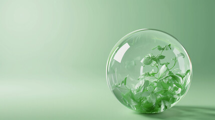 In this 3D rendering, a transparent glass sphere encases a vibrant green world within, symbolizing concepts of ecology, environment, and water treatment technology. The intricate details of the globe 
