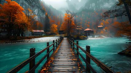 A wooden bridge over the turquoise river in an autumn forest, with mountains and houses in the background, in a foggy weather