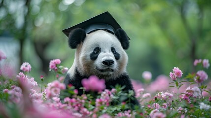 Adorable panda sitting in university garden wearing a graduation cap, surrounded by blooming flowers
