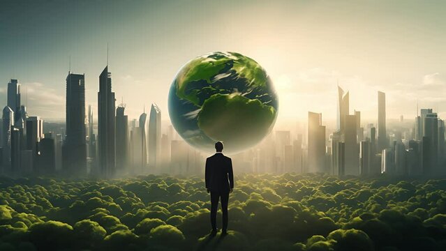 A businessman in suit standing, looking mini green world ball. ECO friendly. Saving, climate change. Sustainable source. Environmental concept	