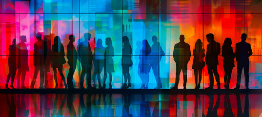 Obraz premium Silhouettes of business people talking at a trade fair, conference or walking in a modern hall, company, trendy work party colourful concept 