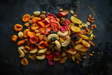 an exotic dry fruits mix, blank dark background,