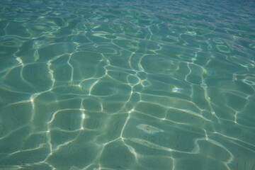 Blue water with ripples on the surface. Defocus blurred transparent blue clear calm water surface texture. Water waves with shining pattern texture background.