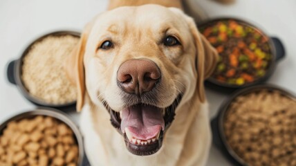 Labrador Retriever has a happy expression on his face. With a plate full of food. Pet food business.