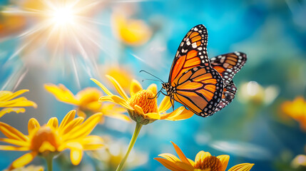 A beautiful butterfly perched on a flower in the garden on sunny day, Monarch butterfly (Danaus plexippus) on flower