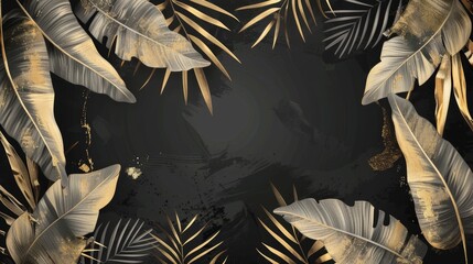 An architectural vertical design featuring black gold leaves on dark backgrounds, exotic banana palms, and gold paint smears. Use it as an invitation card for a wedding or a holiday sale.