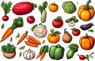 Vector vegetables icons set in cartoon style. Collection farm product for restaurant menu, market label.