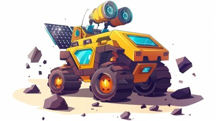 Robotic space explorer cartoon modern illustration. Space exploration, sci-fi construction, space exploration or alien attack. Isolated Mars rover with solar battery.