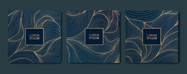 Vector set japanese style wave patterns, sea, organic line textures, line graphic illustrations, Square cards, flow backgrounds, golden on dark.