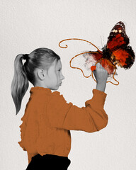 Little girl child drawing big colorful butterfly. Curiosity and nature exploration. Contemporary art collage. Concept of Happy Children's day, holiday, childhood, celebration