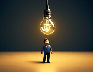 a businessman in a classic suit with a large electric light bulb burning above his head