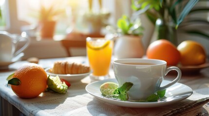 Empty table with varied breakfast foods in serene morning setting, perfect for stock photo