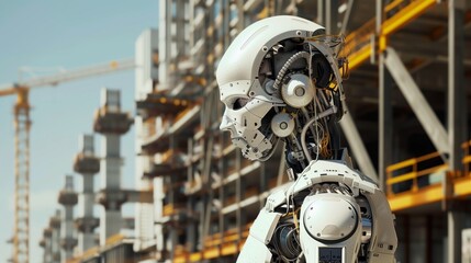Fototapeta premium Detailed close-up of a humanoid robot with a complex mechanical structure in a construction site.