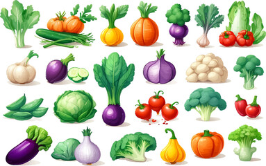 Vector vegetables icons set in cartoon style. Collection farm product for restaurant menu, market label.