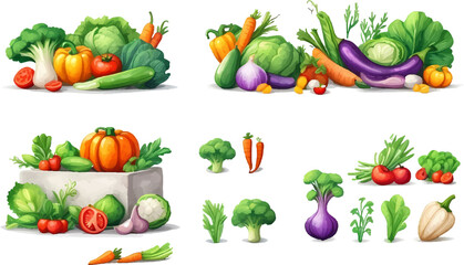 Vector vegetables icons set in cartoon style. Collection farm product for restaurant menu, market label.
