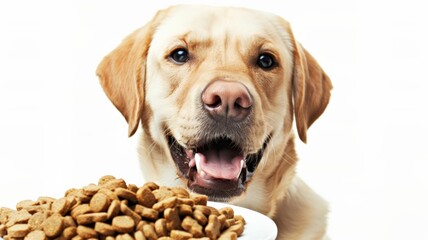 Labrador Retriever has a happy expression on his face. With a plate full of food. Pet food business.