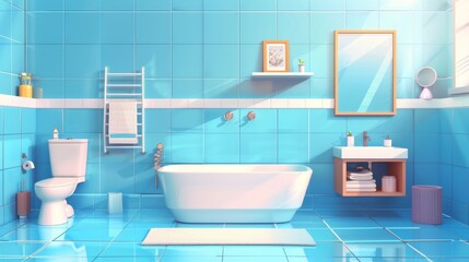 Stylish bathroom interior with cartoon modern illustrations showing bathtub, sink, toilet, accessories racks, heated towel rail, and mirror on blue tile wall.