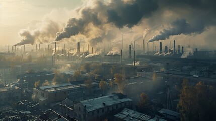 Industrial area panorama with factory chimneys emitting black smoke, polluting air and surroundings