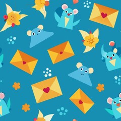 Seamless pattern of envelopes featuring whimsical illustrations of animals, flowers, and other cheerful motifs, creating a vibrant and joyful wrapping paper design, Generative AI