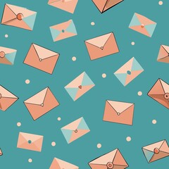 Seamless pattern of envelopes featuring whimsical illustrations of animals, flowers, and other cheerful motifs, creating a vibrant and joyful wrapping paper design, Generative AI