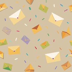 Seamless pattern of envelopes filled with colorful confetti and streamers, adding a festive and celebratory touch to your gift wrap, Generative AI
