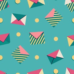 Seamless pattern of envelopes with playful patterns like stripes, polka dots, and chevrons, creating a fun and dynamic wrapping paper design, Generative AI
