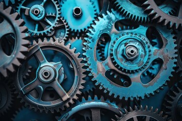 A close up of a blue gear. The gears are all different sizes and shapes
