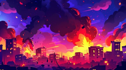 A burning house in the city, a modern cartoon urban landscape with red flames and black smoke, a dangerous background