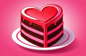 Slice of chocolate cake in heart shape on plate, on pink background