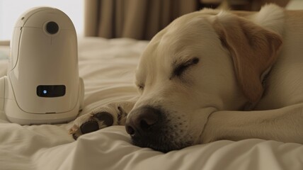 Labrador Retriever looks happy sleeping with a robot Providing dry food.pet food business.