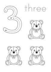 Flashcard number 3. Preschool worksheet. Count toys.