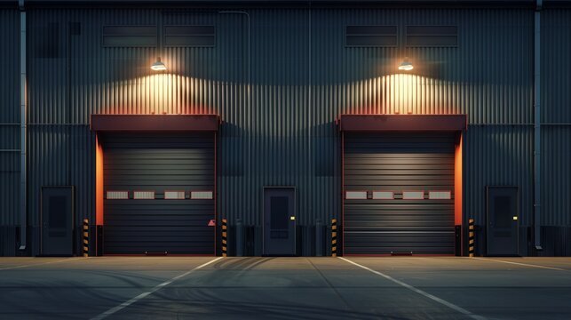 Night scene of an industrial warehouse exterior with illuminated loading docks.