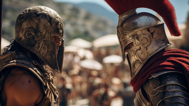 Retiarius gladiator engages armored murmillo in battle
