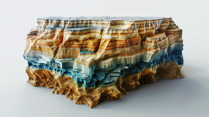 Highly detailed model of a stratified rock formation showcasing colorful geological layers on a plain white background. - obrazy, fototapety, plakaty