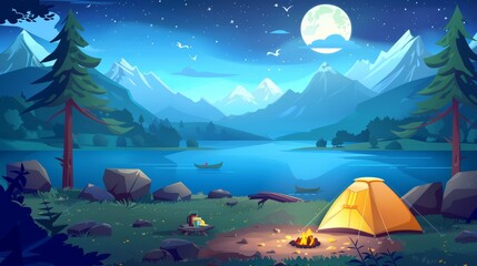 Animated modern landscape of natural parkland and countryside. Picnic on the beach. Night camp with tent, fire, trees, lake, and mountains on background.