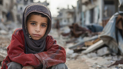 Naklejka premium A young Palestinian boy with a helpless face and begging hands against the backdrop of a ruined city left by war