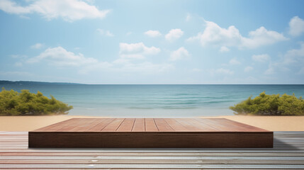 Wooden platform podium with a beach in the background, photo shot