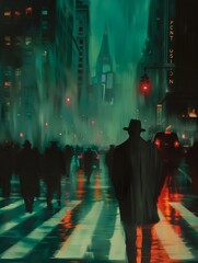 Man walking on a crowded street in 1960s San Francisco, wearing a suit and hat at rainy night, AI generated