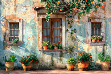 An old house facade with large windows, potted plants and orange tree above it.