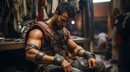 Fototapeta premium Backstage: Gladiator prepares sharpens weapons