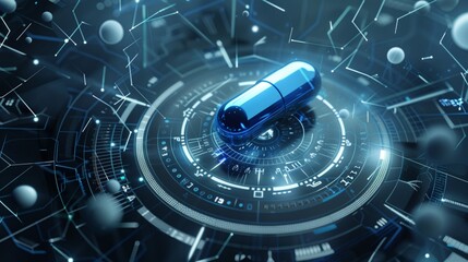 Obraz premium Futuristic image of a blue capsule car on a high-tech interface with digital patterns and glowing elements.