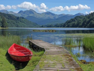 Red kayak by a tranquil lake with mountains - Powered by Adobe