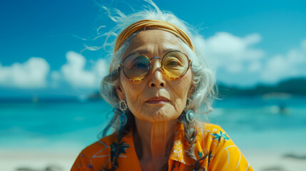 Close-up portrait on the beach of an ederly Japanese woman with glasses and hair scarf