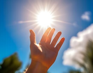 The palm of the hand reaches out to the rays of the sun against a background of blue sky and greenery