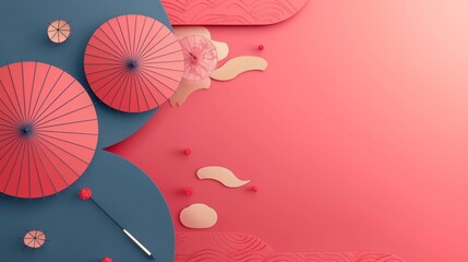 Artistic layout with colorful Asian umbrellas and abstract shapes on a dual-tone background.