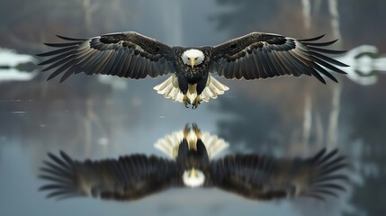 Obraz premium symmetrical photo of a Bald eagle flying above a Pond and its Reflection underneath